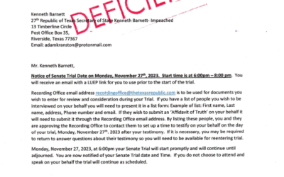 Notice Of Senate Trial Date Deficiency – Kenneth Barnett